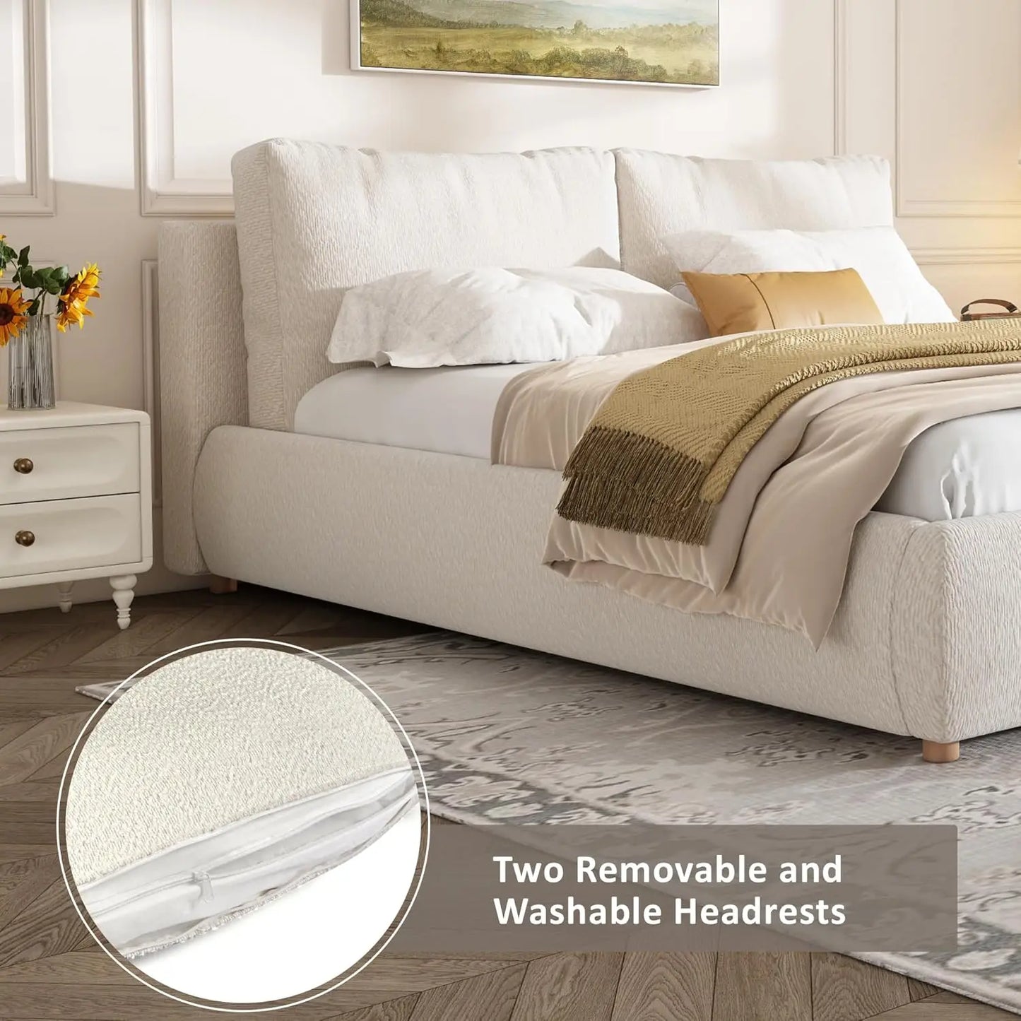 Queen Size Bed Frame with Removable Pillow Headboard,  Platform Cloud Bed, Wood Slats Support,