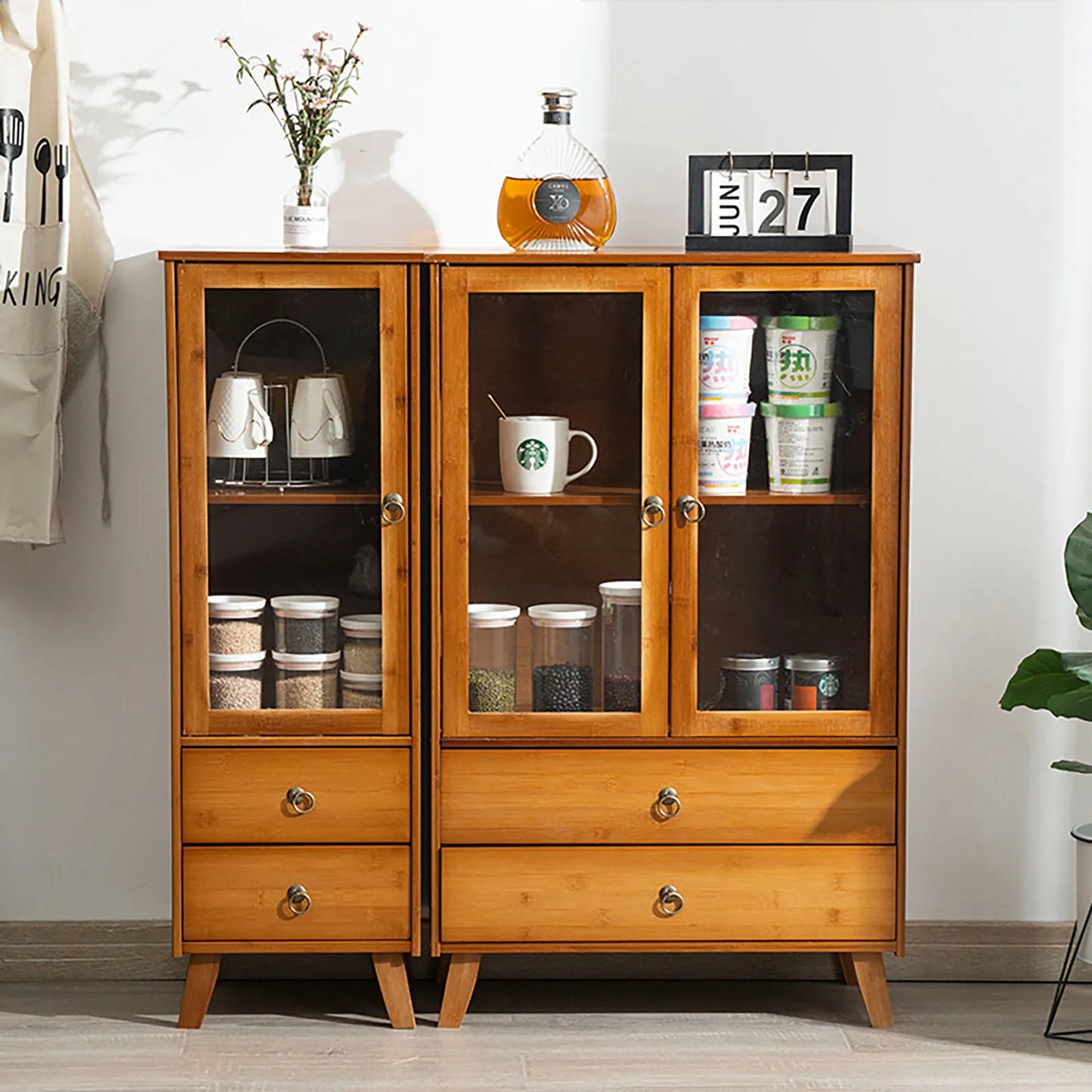 Vintage Style Kitchen Storage Cabinet, 2-Tier Bamboo Sideboard with Smooth Drawers for Kitchen and Dining Area