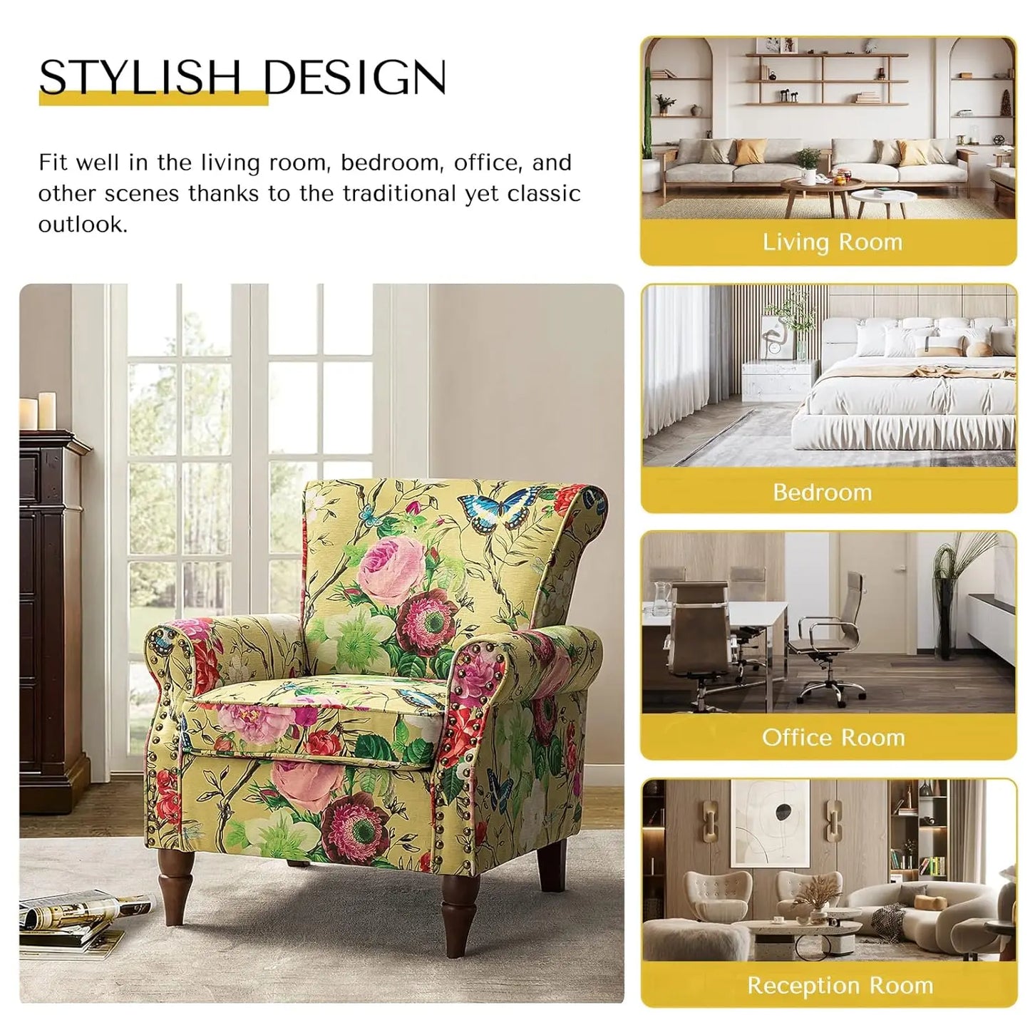 Modern Wingback Accent Chair with Wood Legs & Removable Cushion, Comfy Upholstered Armchair , Different Fabrics
