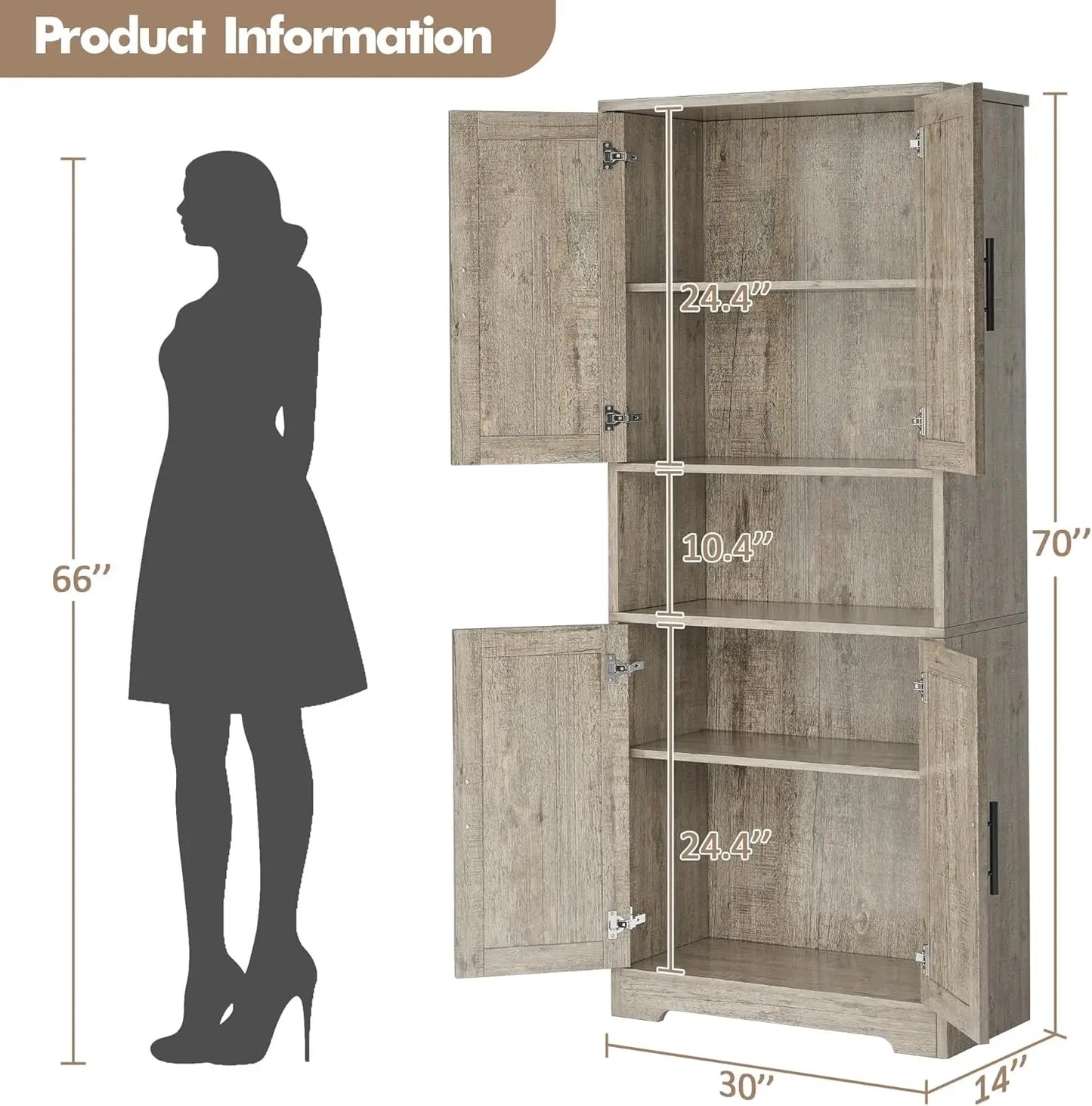 70 Inch Tall Kitchen Pantry Cabinet, Freestanding Storage Cabinet with 4 Doors and Adjustable Shelves,