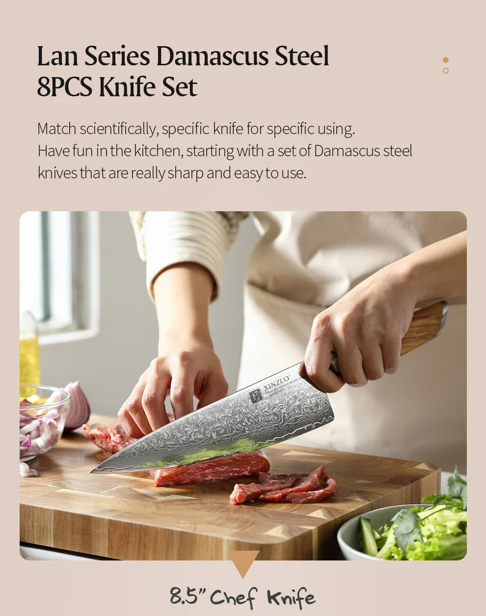 XINZUO 1-8pcs Kitchen Knife Set 73 Layers Custom Damascus Steel  with Olive Wood Handle