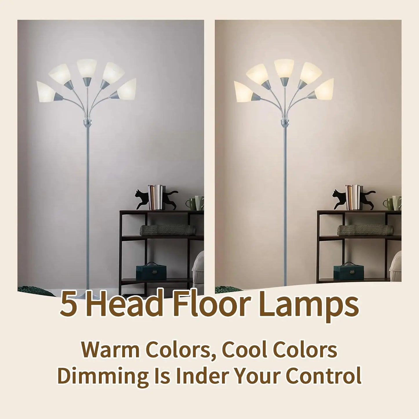 Medusa 5-Head Adjustable Floor Lamp, Large Shade, Silver, Living Room Bedroom Reading Light