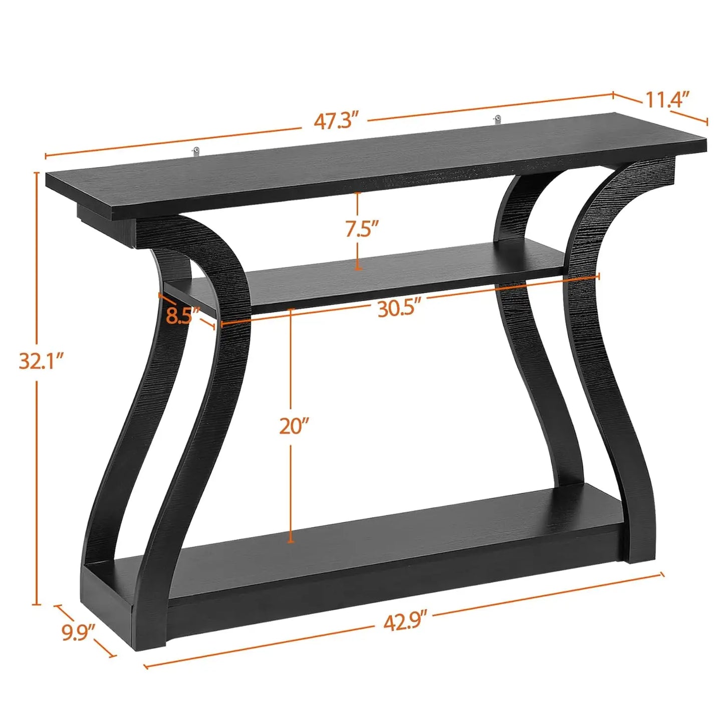 Wood Console Table 3 Tier Narrow Entryway Table with Curved Frame and 2 Open Storage Shelves