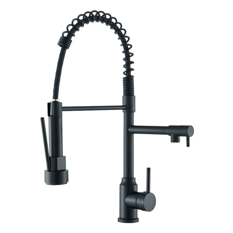 Black Kitchen Faucet With Pull Down Spring Sprayer Deck Mounted Hot and Cold Water Mixer