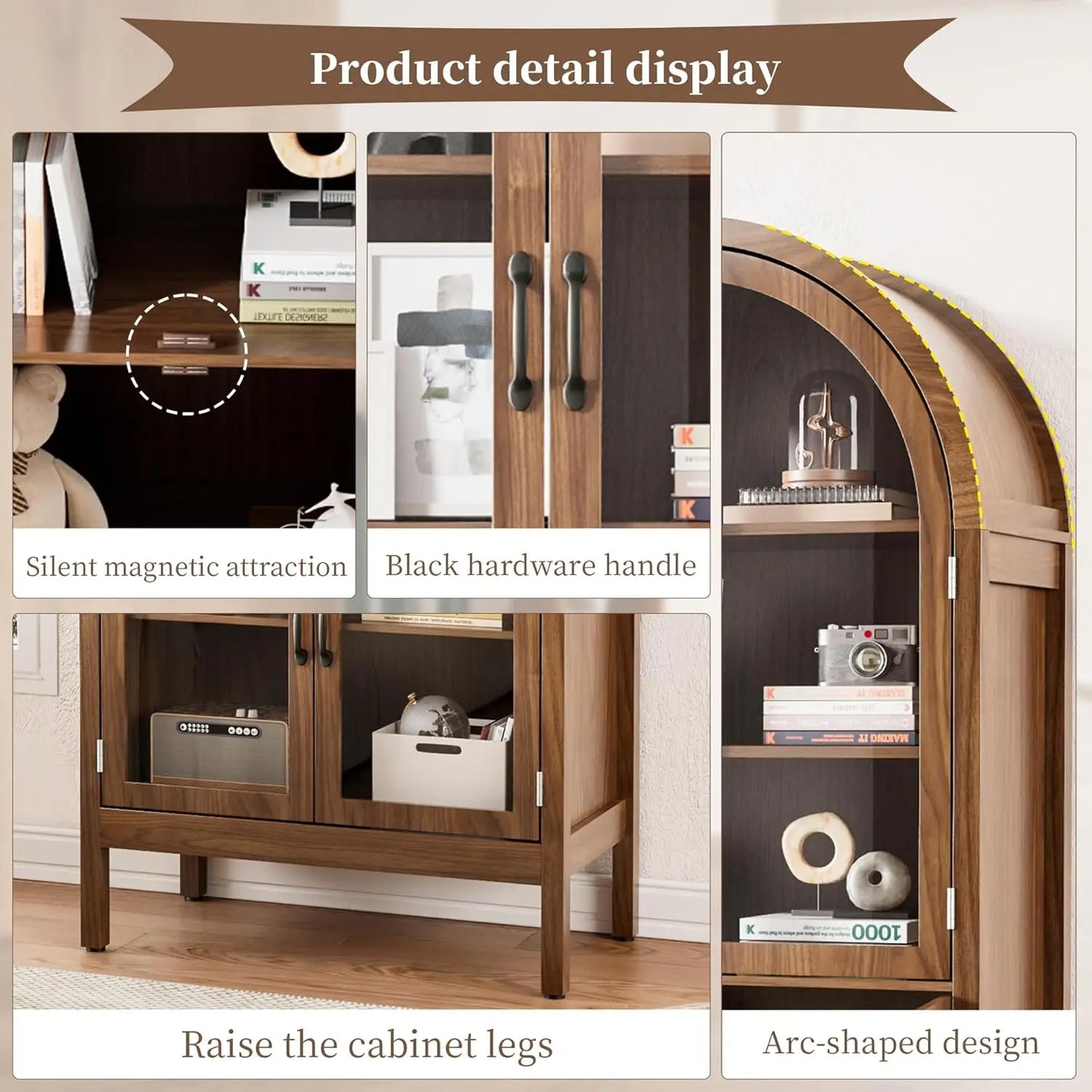 70.9'' Arched Kitchen Pantry Cabinet with Acrylic Glass Doors, 5-Tier Shelves, Walnut Finish
