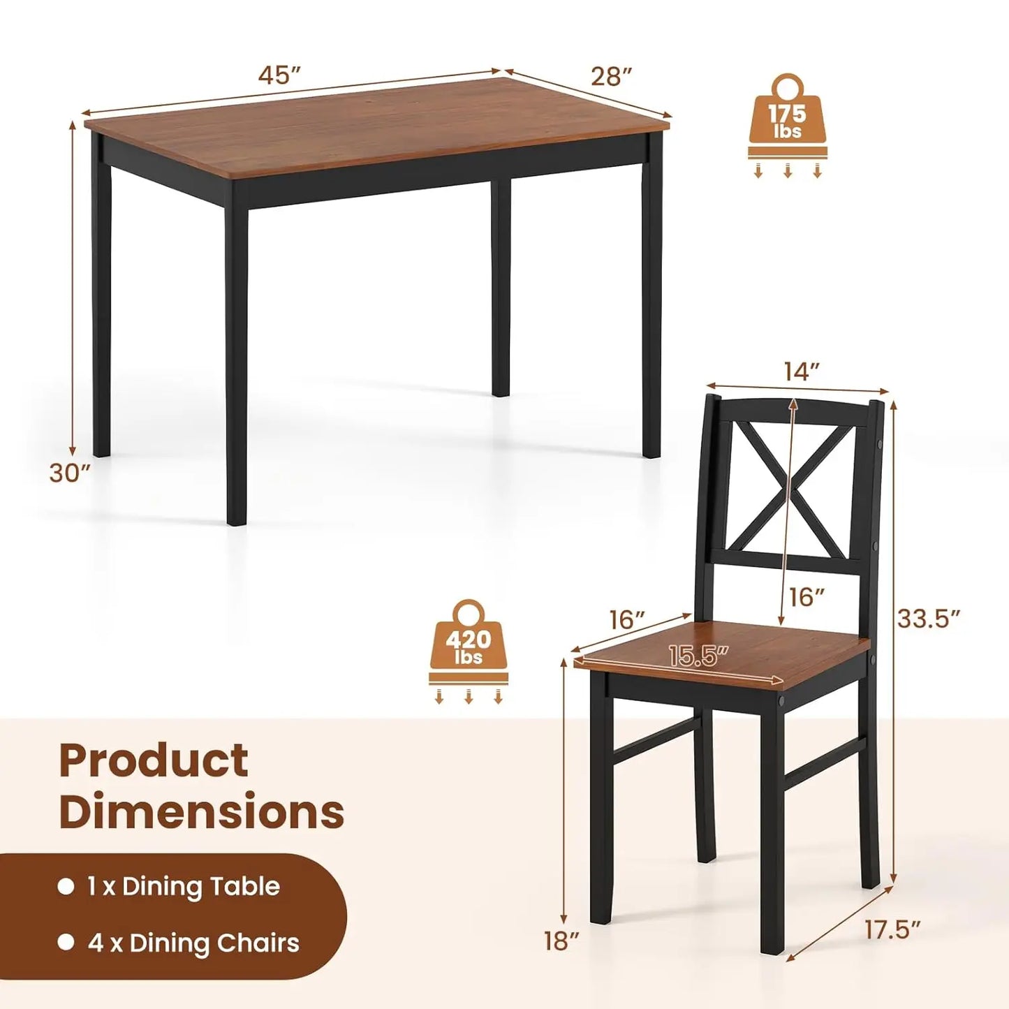 5-Piece Dining Table Set for 4, Rectangular Kitchen Table & 4 Chairs