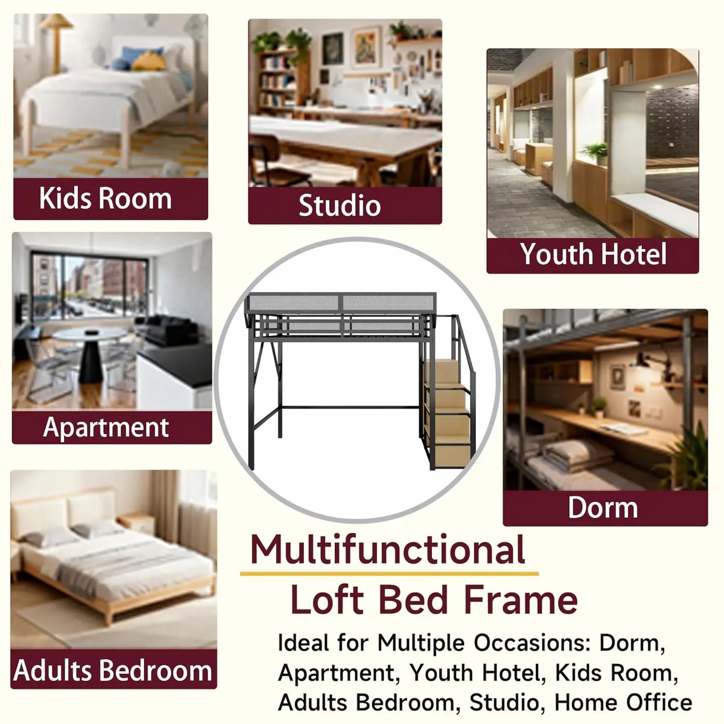 Full Size Loft Bed With Stairs And Storage, Metal Loft Bed Frame WithLarge Under-Bed Space