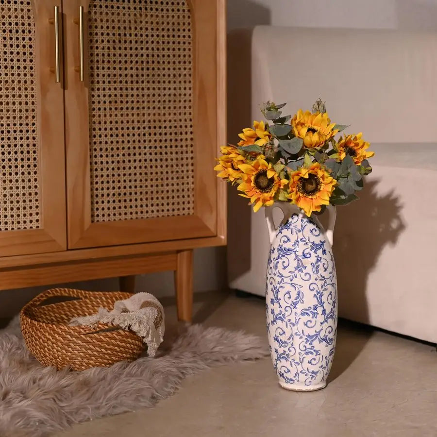 Blue and White Floor Vase for Pampas Grass,  Ceramic Farmhouse Decorative Large Vases for Flower,