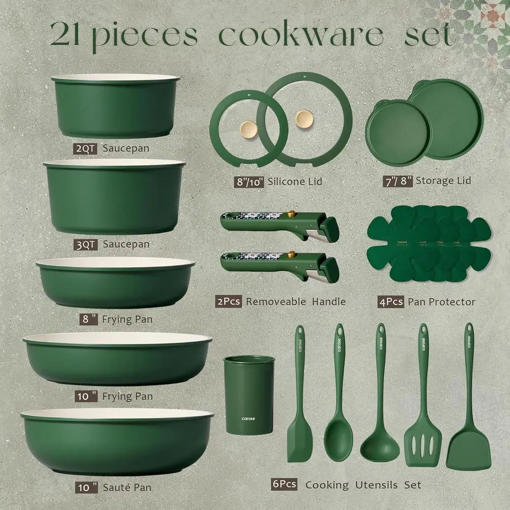 21-Piece Cookware Set Non-stick, Non-Toxic, Detachable Handle, Kitchen Cooking Set