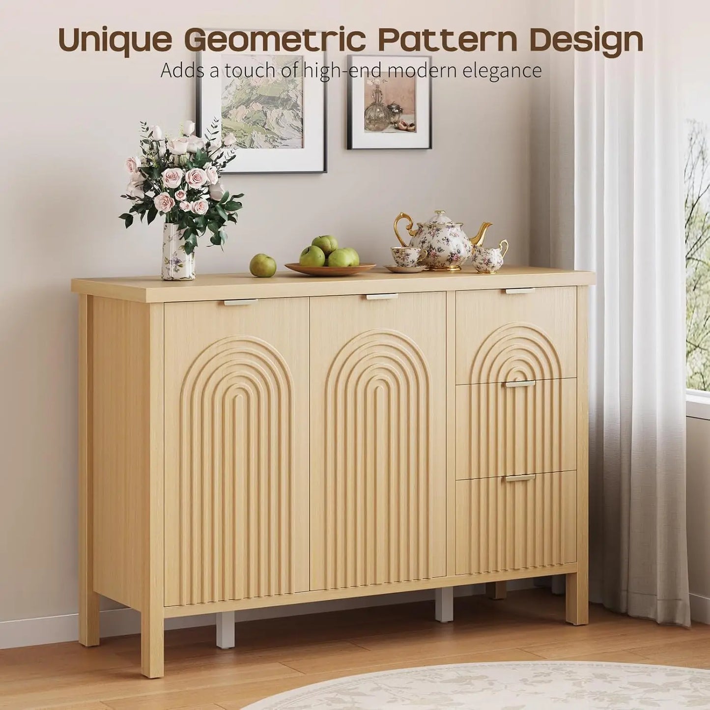 Sideboard Buffet Cabinet with Storage - Accent  Cabinets with Drawers & Doors, Fluted Kitchen Credenza