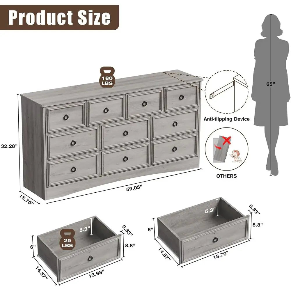 10-Drawer Bedroom Dresser with Textured Frame, 6 Deep, Gray, for Living Room or Bedroom Storage