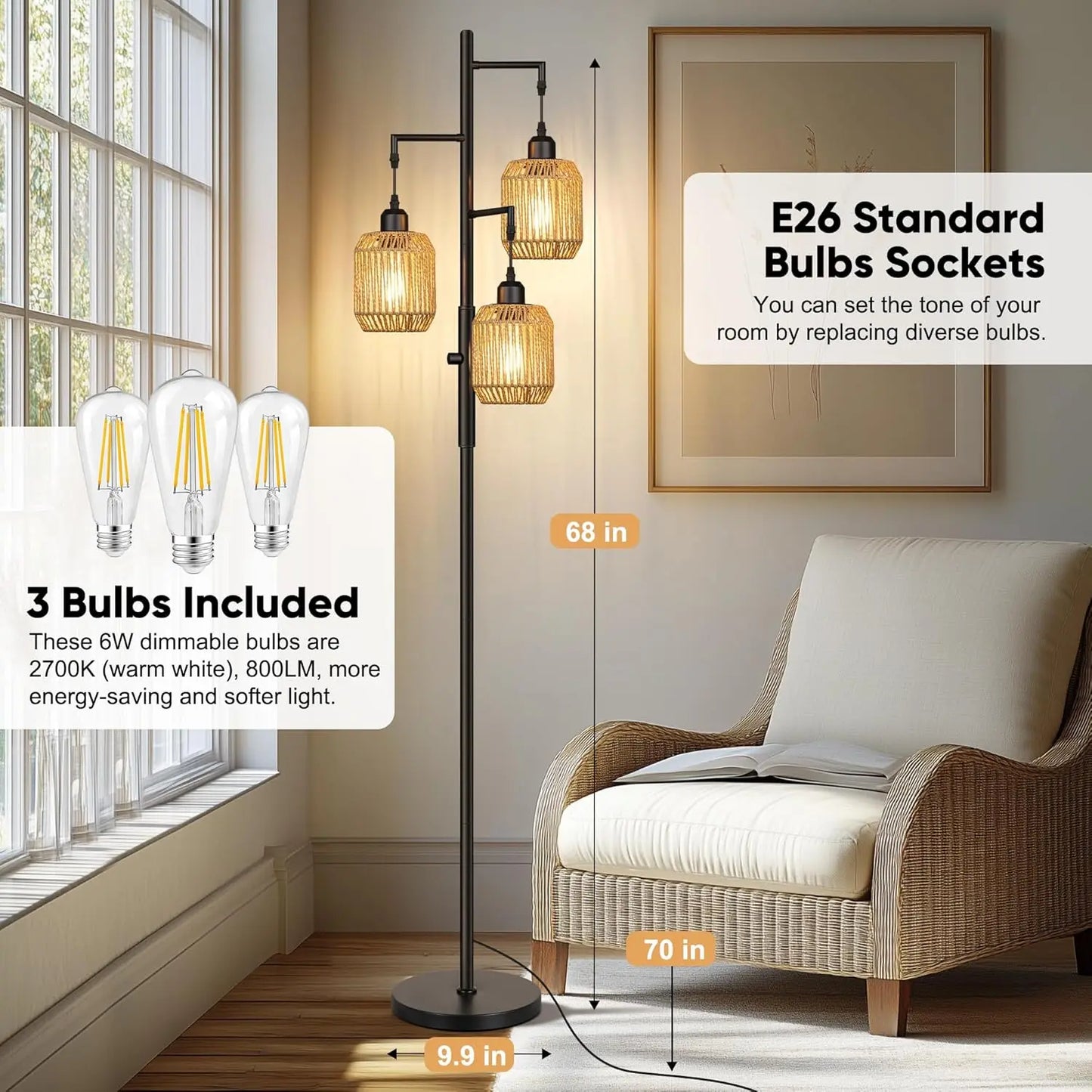 Dimmable Boho Floor Lamp - 3 Light Farmhouse Rattan Design for Living Roomp