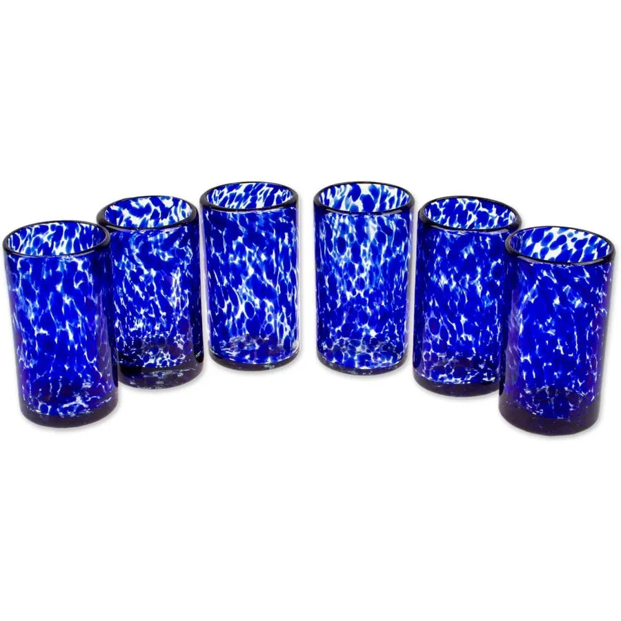 Hand Blown Blue Confetti Recycled Glasses 5 Oz 'Marine' Set Of 6