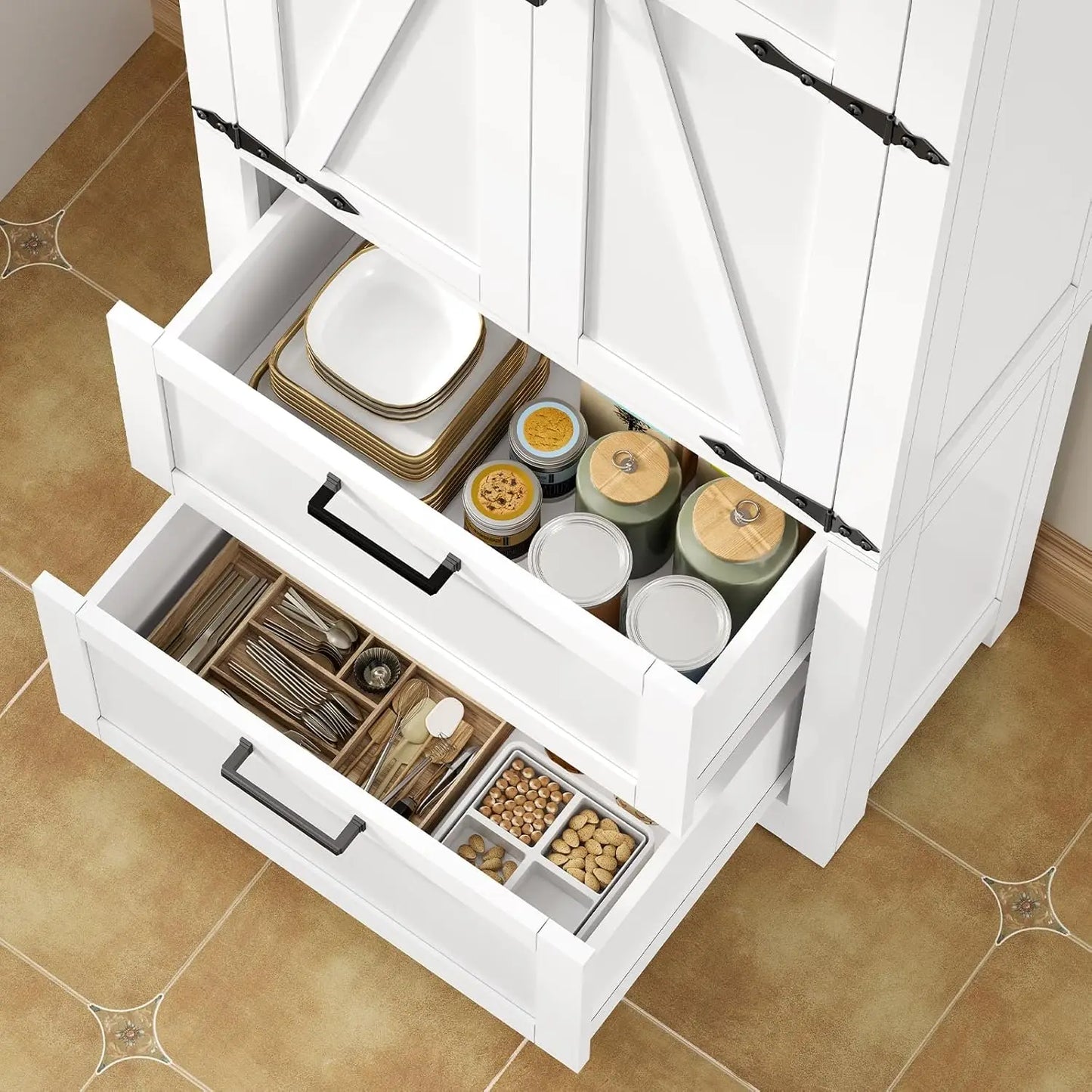 66.2" Farmhouse Storage Cabinet with 2 Doors & Drawers Kitchen Bathroom Living Room