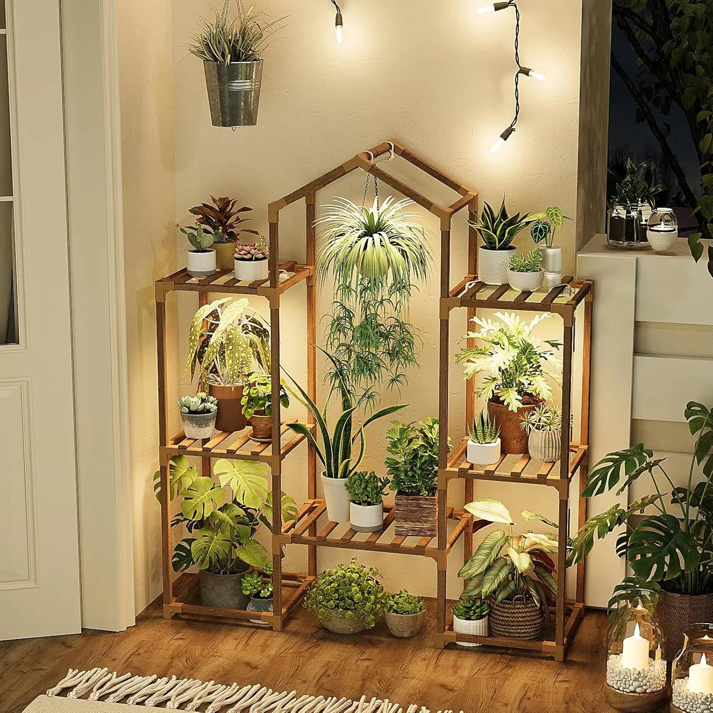 Wood Plant Shelf with Grow Lights for Indoor Hanging Planter Pots  Living Room Patio