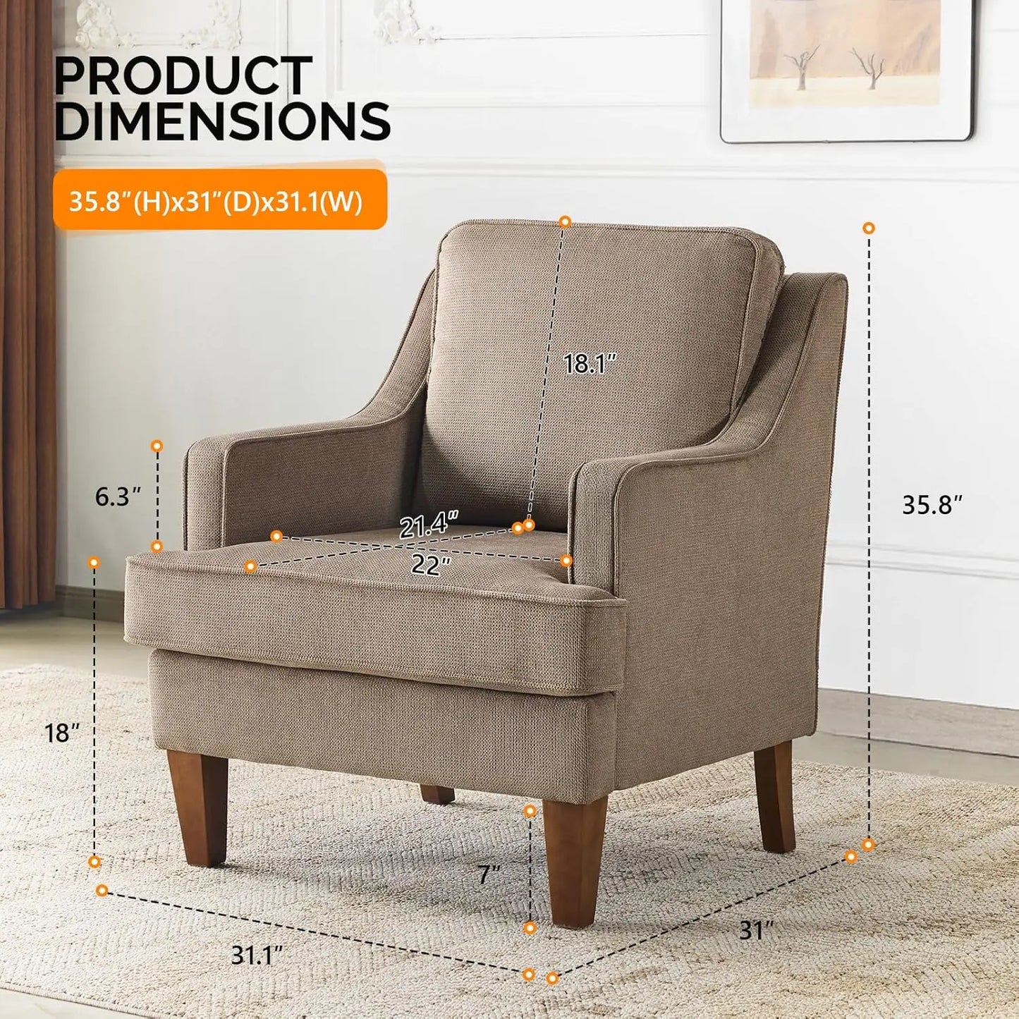 Mid-Century Modern Accent Chairs Set of 2, Light Brown Upholstered Armchair