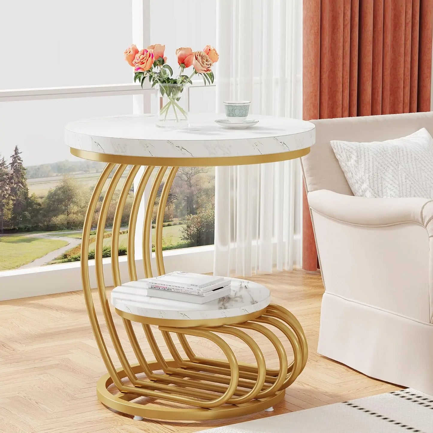 Round End Side Table: Side  Small Bedside Table Accent Table with Arc-Shaped Frame