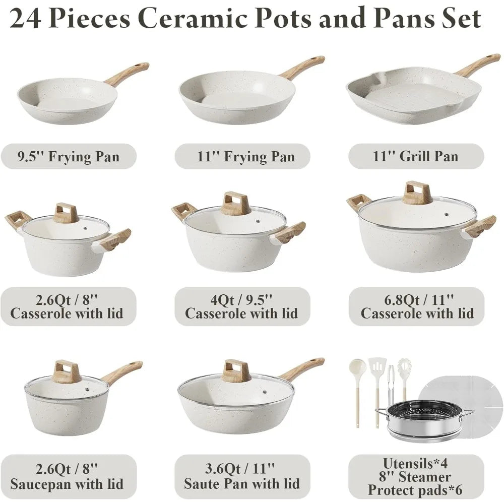 24 Pcs Pots and Pans Set, Non Stick Ceramic Cookware Set  Healthy Non-Toxic