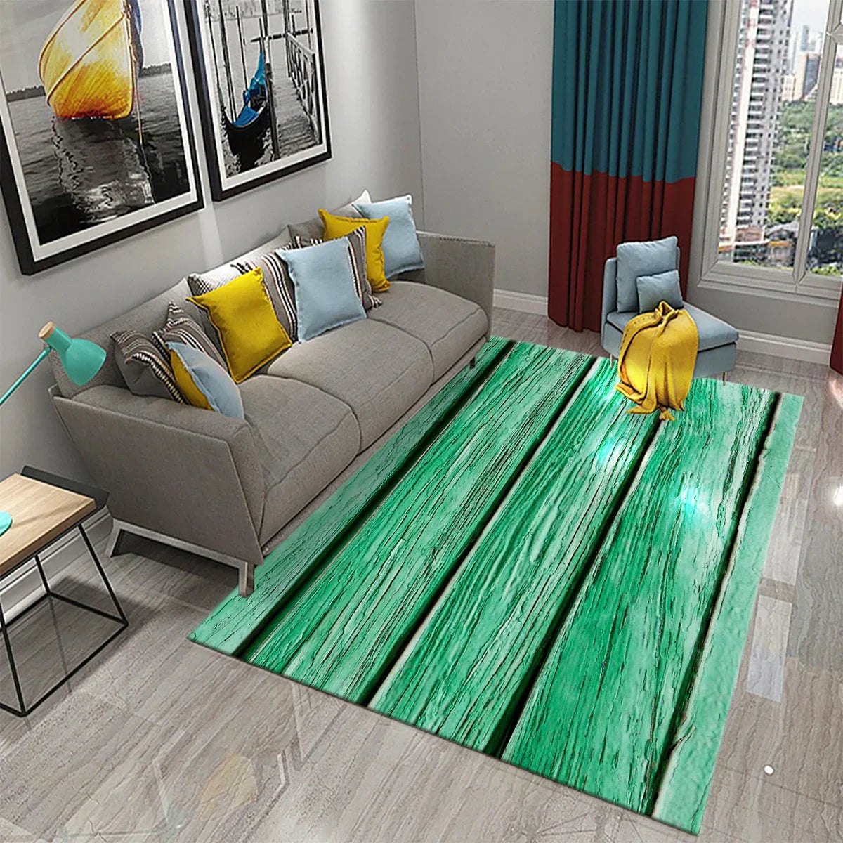 Rectangular Staggered 3d Planks Carpet Geometric Wood Grain Non-Slip Floor Rug