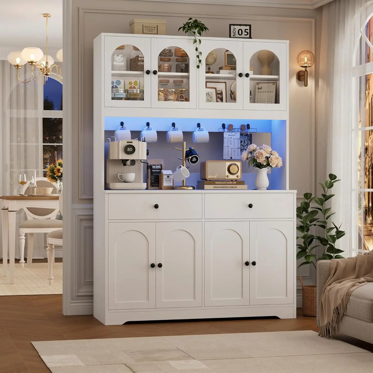71" LED Kitchen Pantry Cabinet with Power Outlet, with Arched Door & Shelves