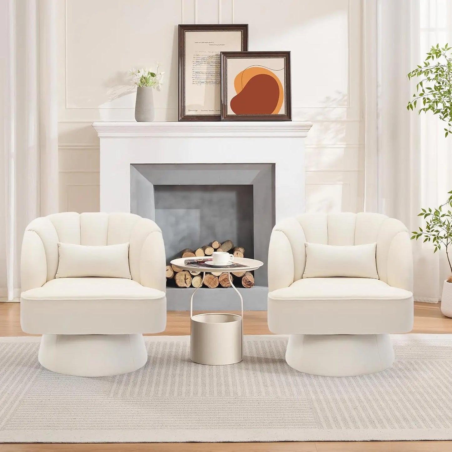 360° Swivel Barrel Accent Chair Modern Round Armchair with Striped Backrest & Plush Padding Velvet Fabric