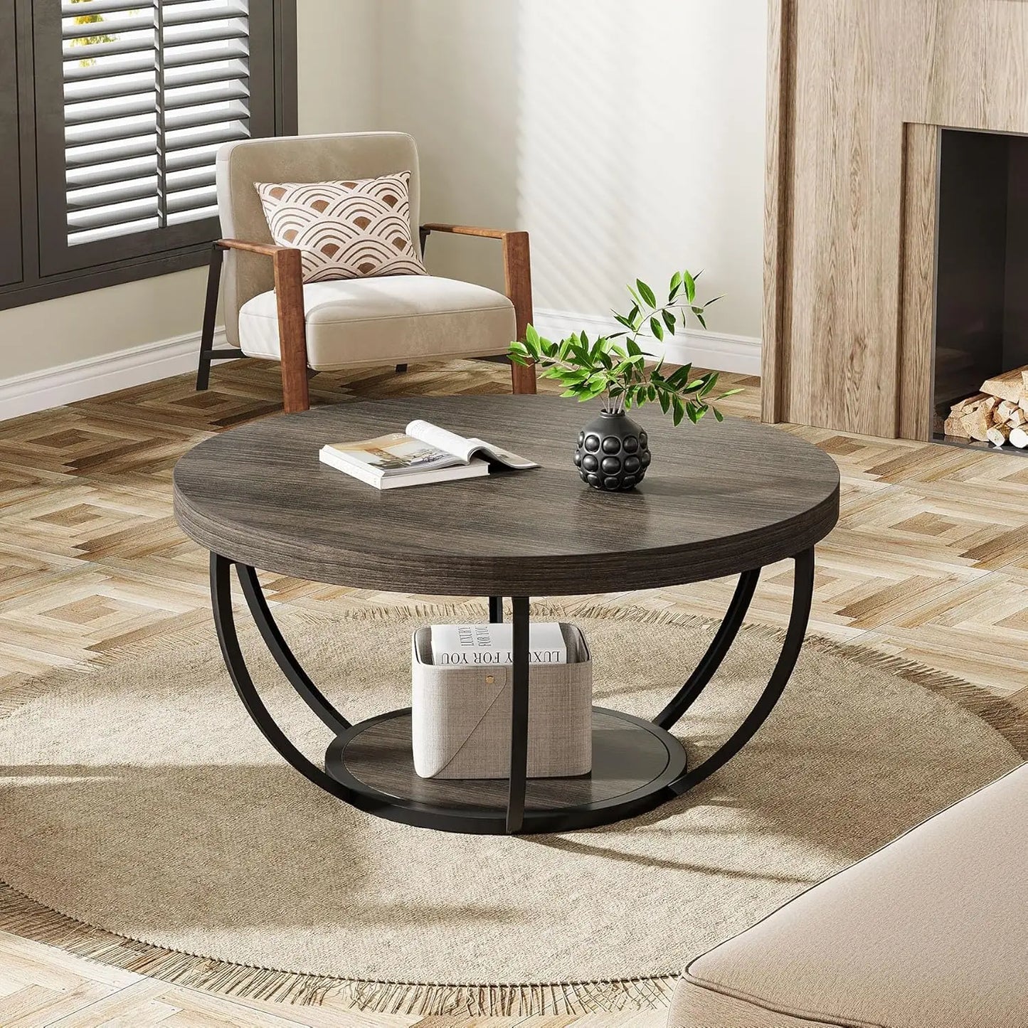 32" Circle Marble Coffee Tables, 2-Tier Golden Metal Legs