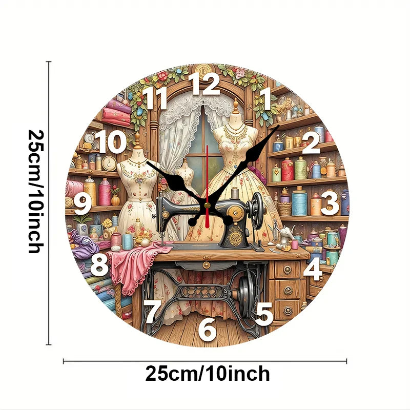 Vintage Sewing Machine Wooden Round Silent Hanging Wall