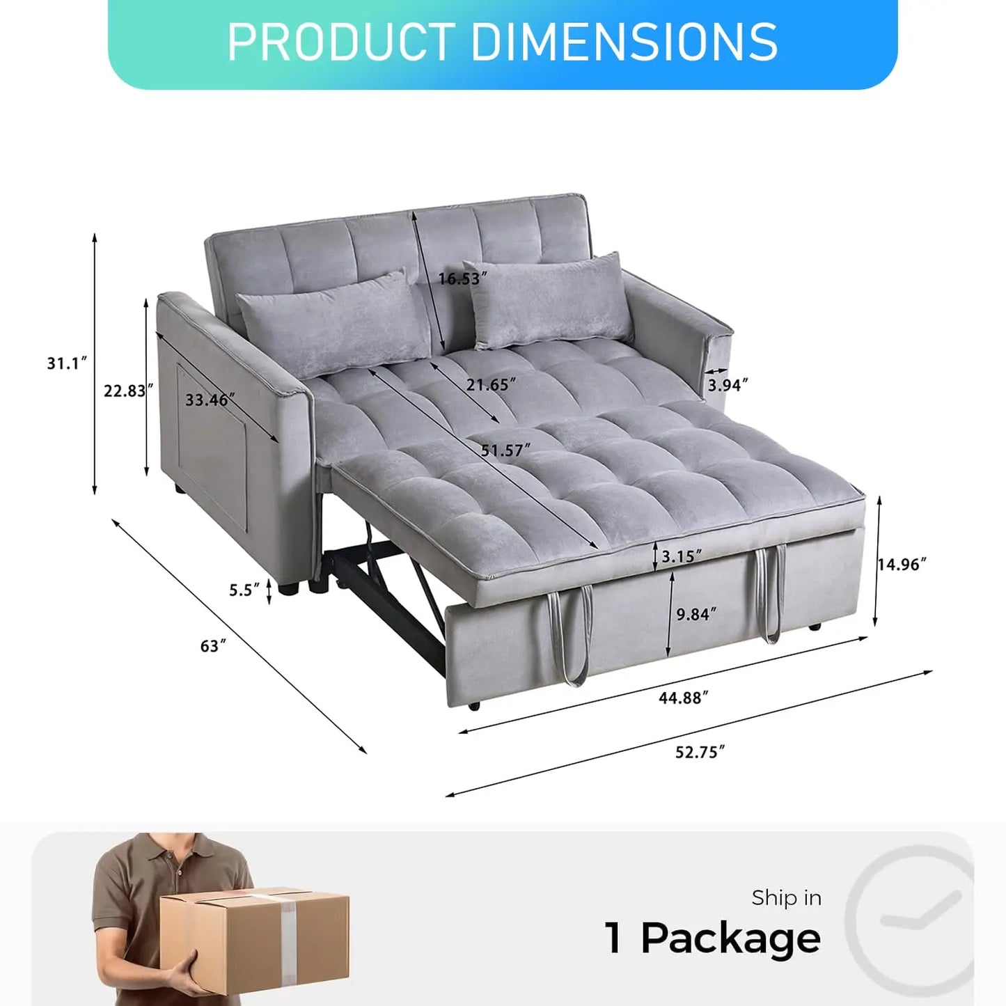 3 in 1 Convertible Sleeper Sofa Bed, Futon Couches for Living Room with Side Pocket
