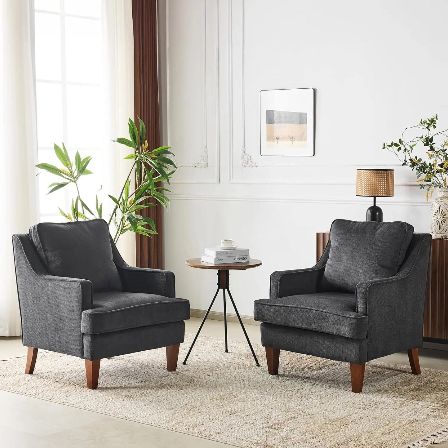 Mid-Century Modern Accent Chairs Set of 2, Light Brown Upholstered Armchair
