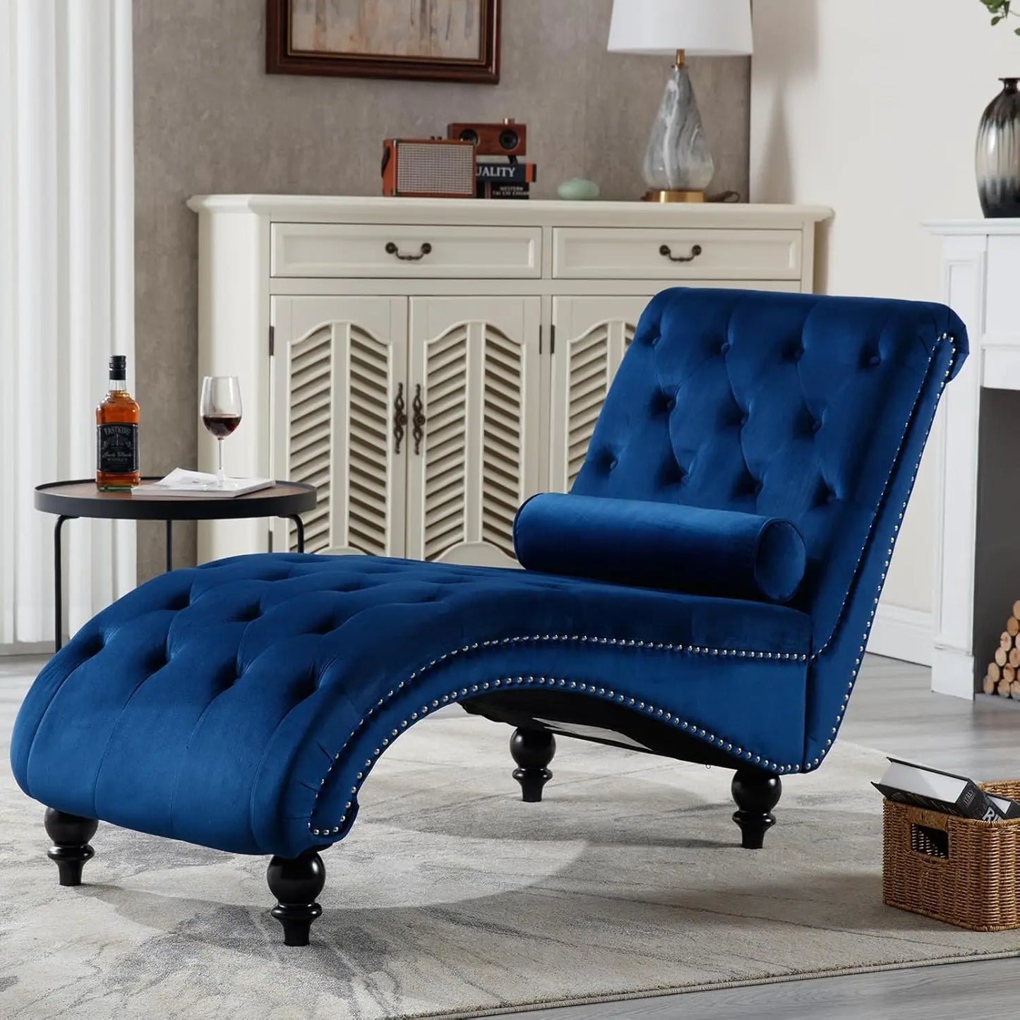 Velvet Chaise Lounge Indoor,Button-Tufted Upholstered with Pillow for Bedroom Living Room,