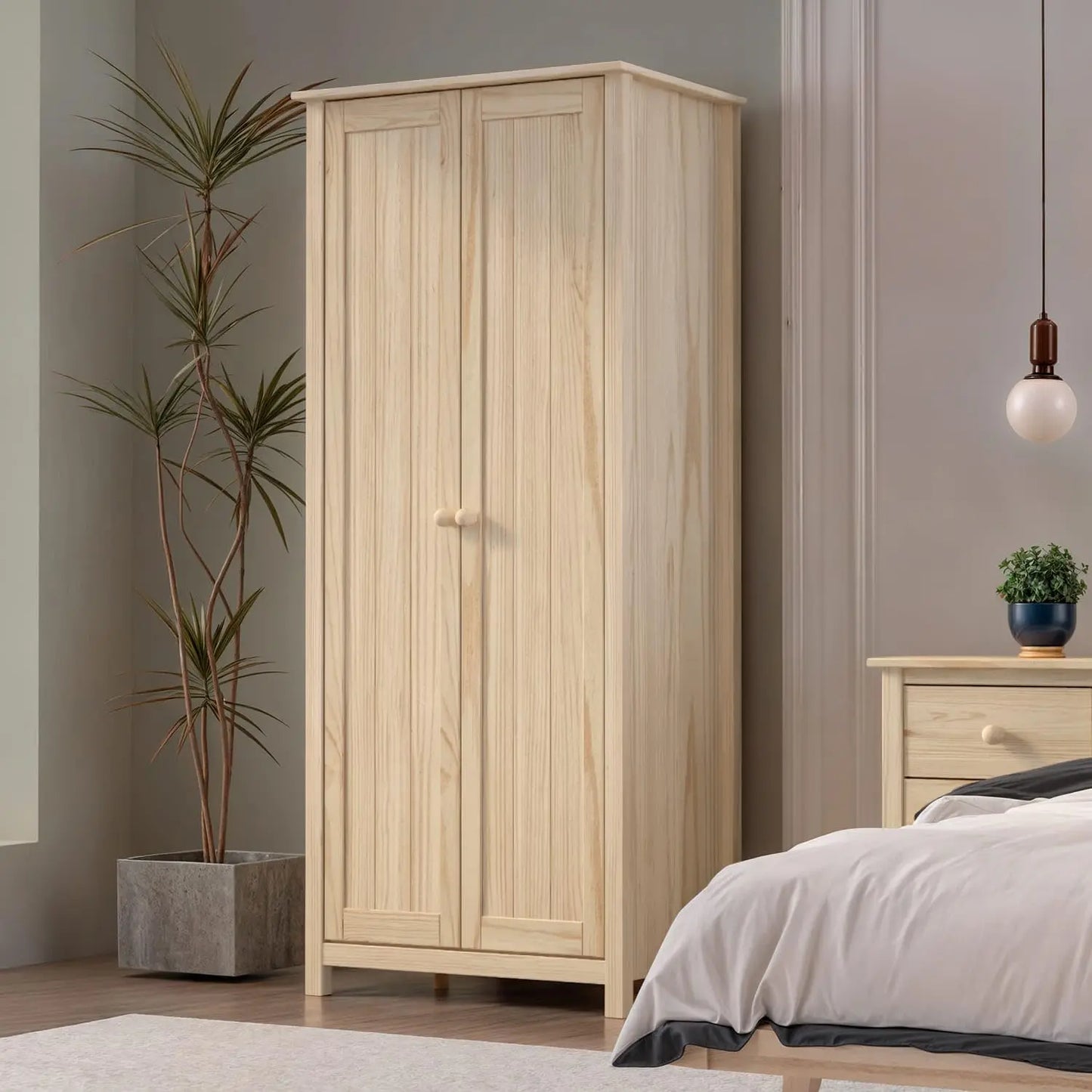 Solid Wood Armoire – 2-Door Wardrobe Cabinet with Adjustable Shelves, Tall Bedroom Storage Closet, Unfinished