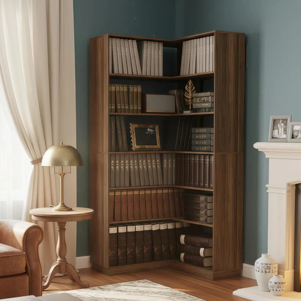 73 Inch Tall Wooden 7-Tier Corner Bookshelf  Ideal for Living Room