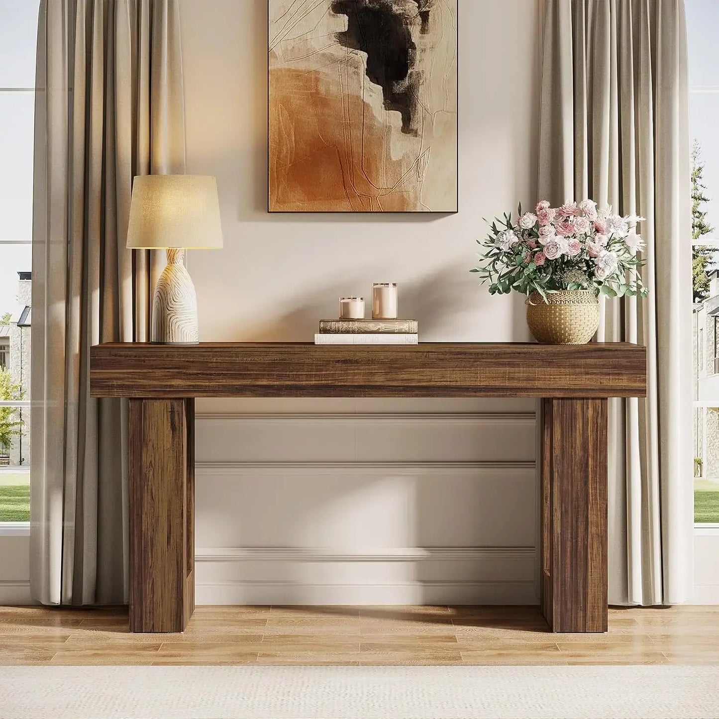 Customizable-63-Inch Long Console Table, Wooden Rectangular Sofa Table