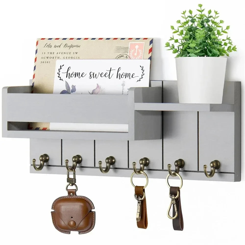 Rustic Wood Key Holder with Shelf Wall Mounted Decorative Key Rack  6 Key Hooks