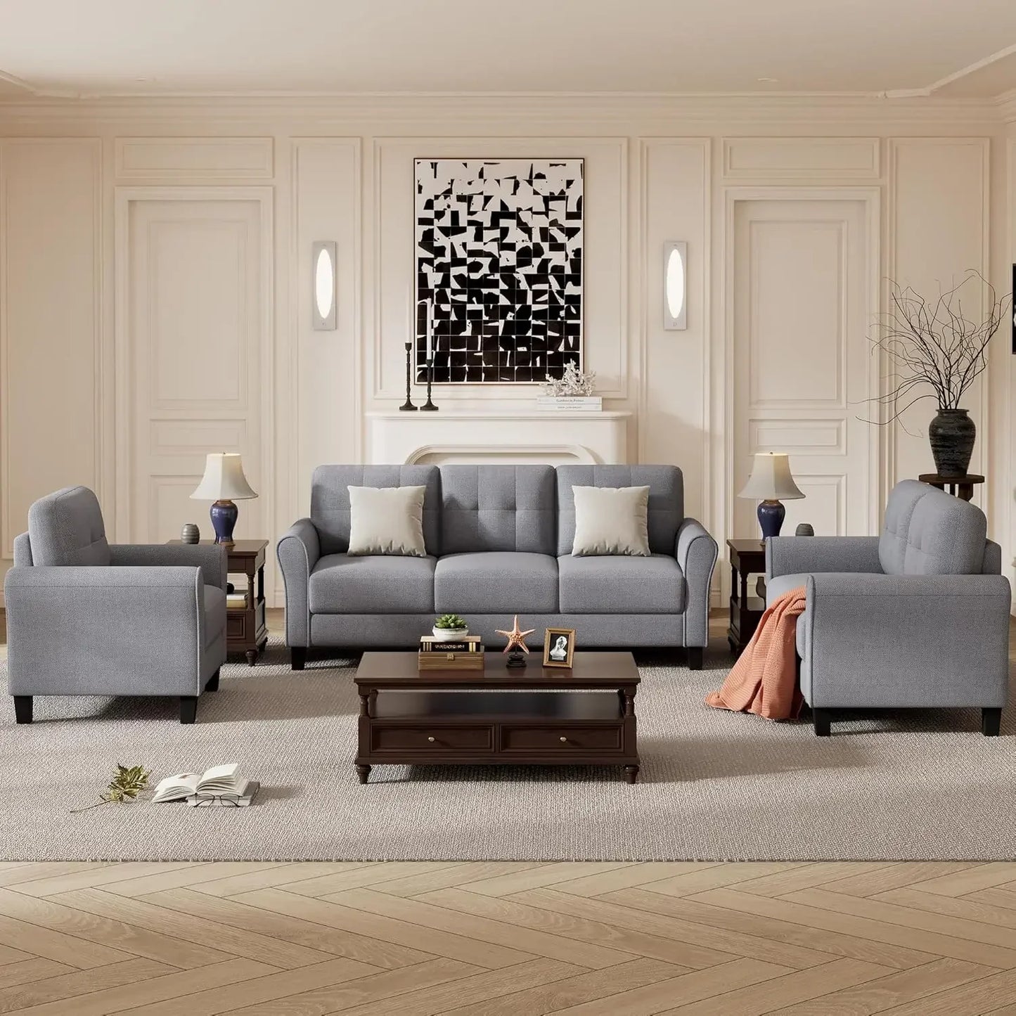 3-Piece Living Room Sectional Sofa Set, Upholstered Armchair Loveseat Sofa and Three Seat Sofa