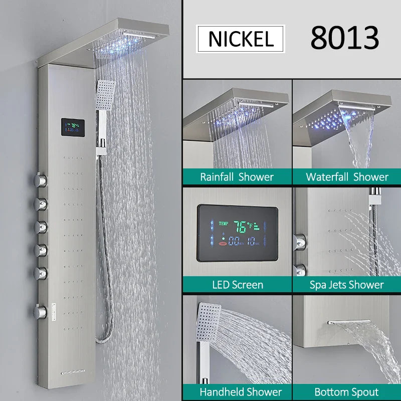 LED Shower Panel Tower System Rain Waterfall Shower LCD Display With Massage  Shower Faucet