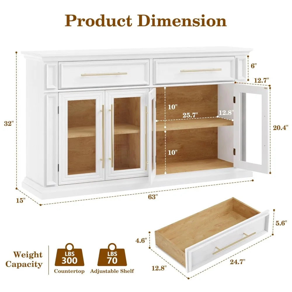 63" Large Sideboard Buffet Cabinet with Storage,  2 Drawers and Glass Doors,, Customized