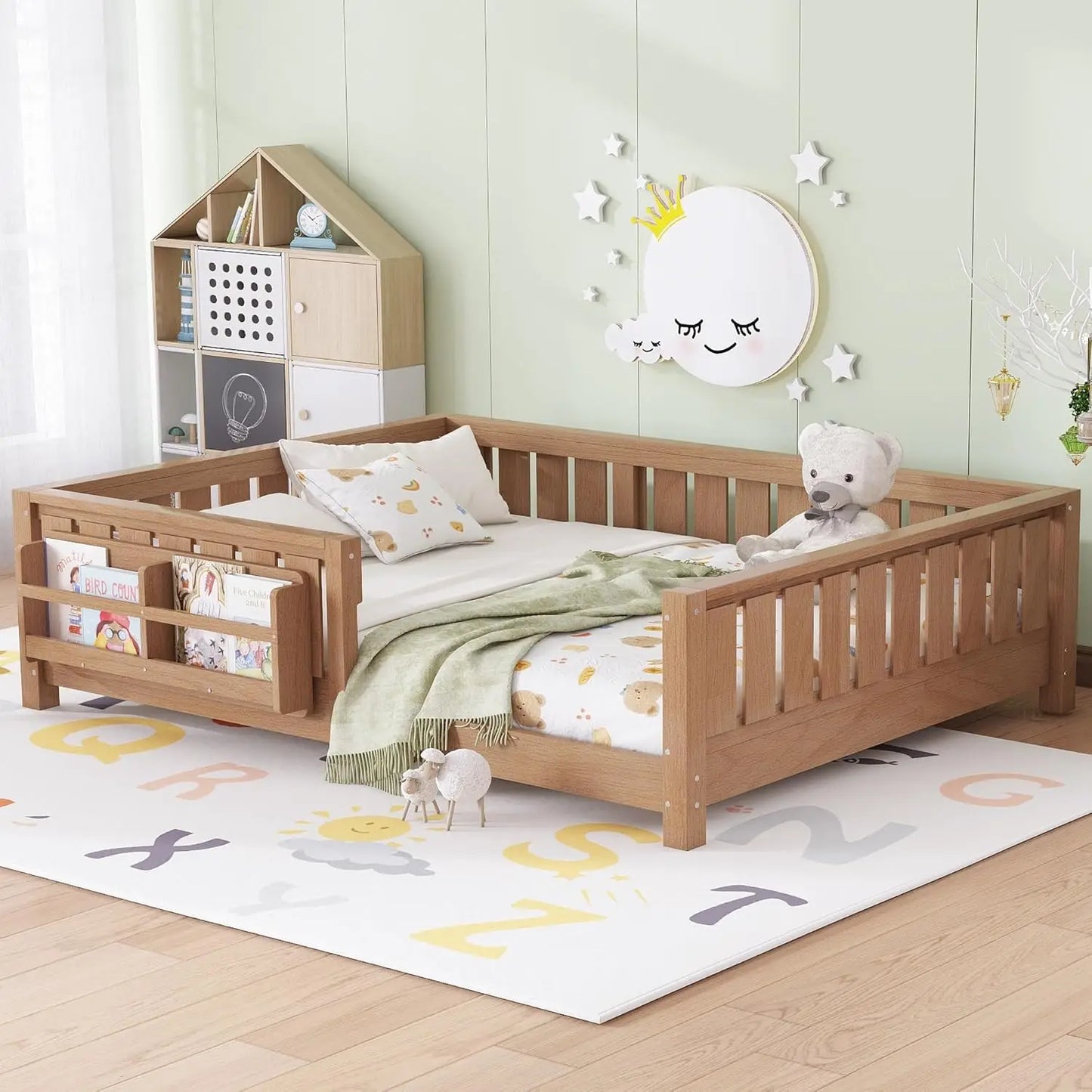 Full Size Kids Montessori Bed Frame with Stairs Bookshelf Drawers Storage Low Profile, 6 different finishes^








differeny