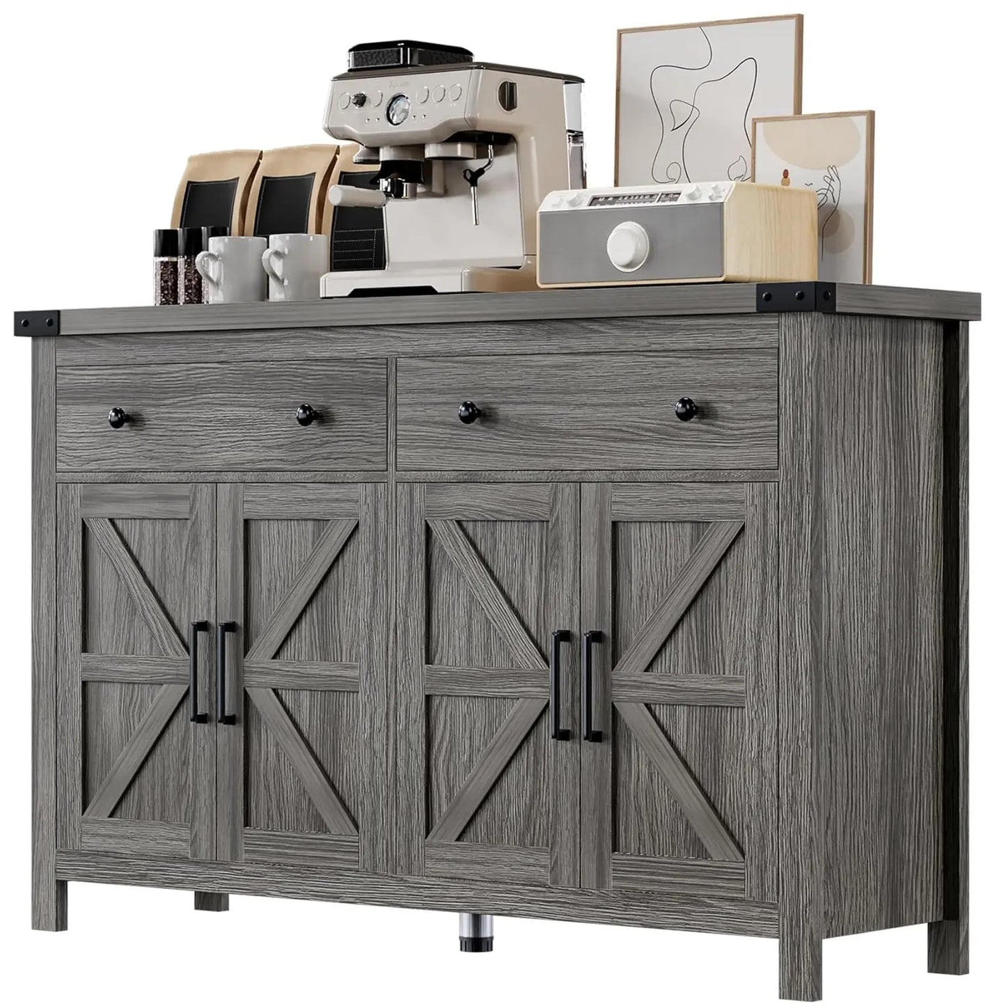 Buffet Cabinet with Storage Farmhouse with 4 Doors and 2 Drawers, 55'' Large Kitchen Storage  Blue Wood