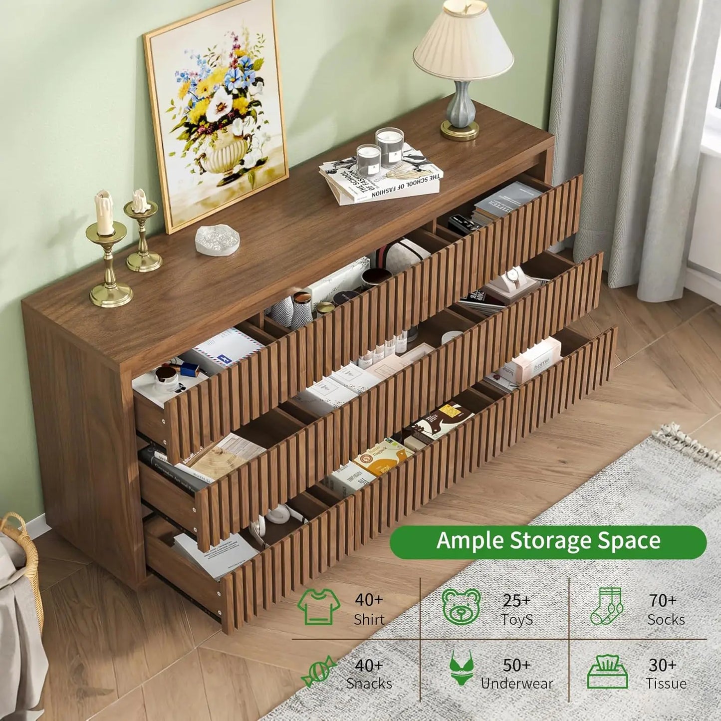 Fluted Long 9 Drawer Dresser, for Bedroom, 58" Wide Vintage Chest of Drawers