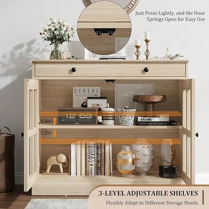 35.4" Oak Sideboard Buffet Cabinet with Glass Door & Drawer  Storage Buffets & Sideboards for Kitchen
