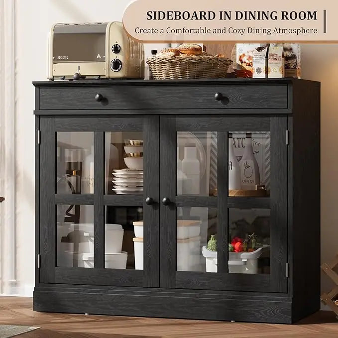 35.4" Oak Sideboard Buffet Cabinet with Glass Door & Drawer  Storage Buffets & Sideboards for Kitchen