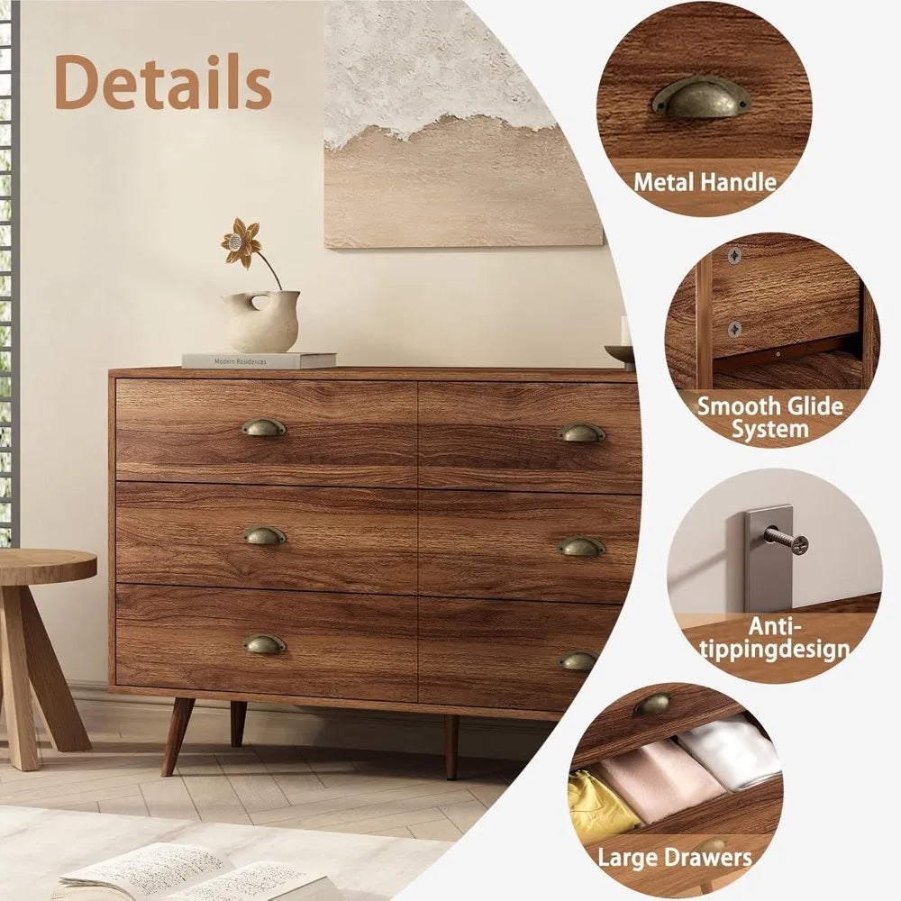 Walnut Brown Dresser  6 Drawer with Wide Drawers and Metal Knob