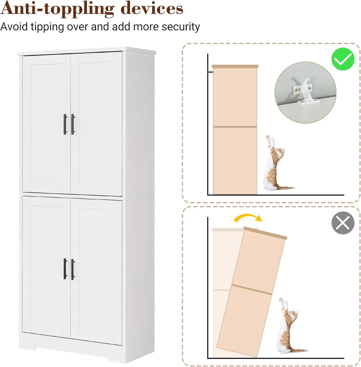 70 Inch Tall Kitchen Pantry Cabinet, Freestanding Storage Cabinet with 4 Doors and Adjustable Shelves,