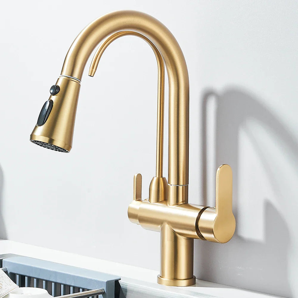 Quyanre Matte Black Filtered Crane For Kitchen Pull Out Spray 360 Rotation Water Sink Mixer Kitchen Faucet