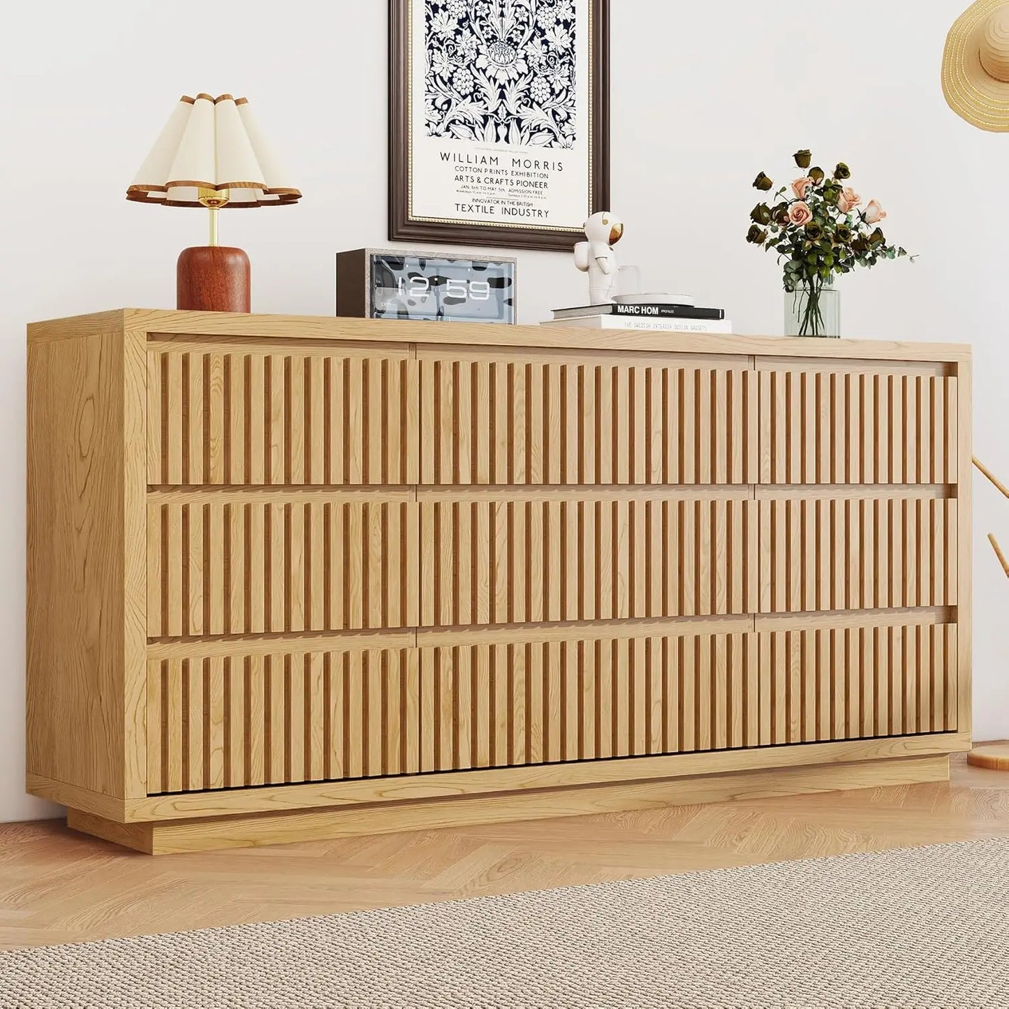 Fluted Long 9 Drawer Dresser, for Bedroom, 58" Wide Vintage Chest of Drawers