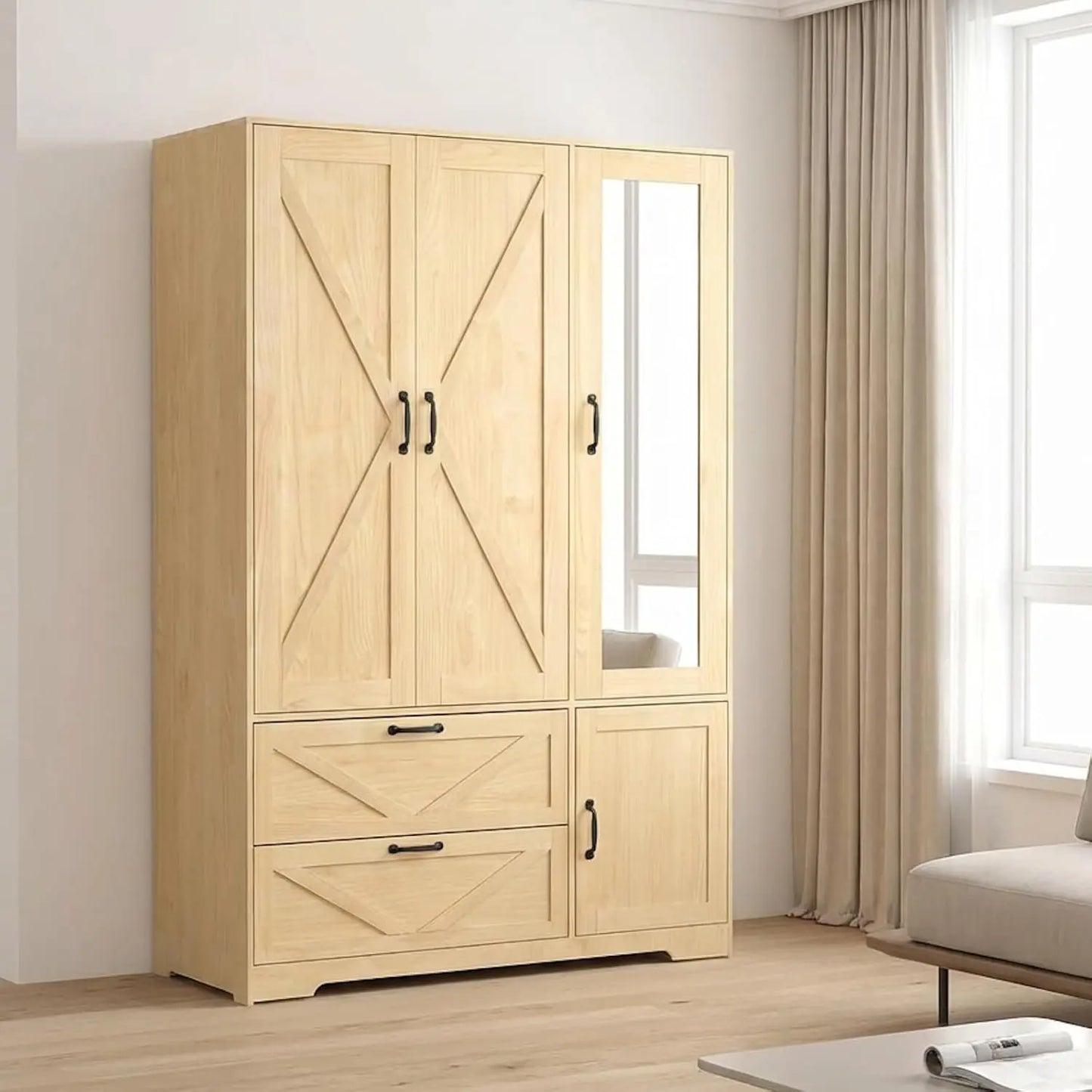 3 Door Armoire Wardrobe Closet with 2 Drawers, Hanging Rod & Lights,,