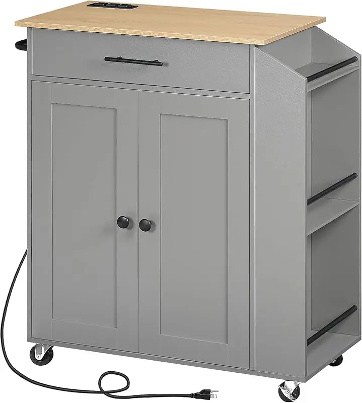 Rolling Kitchen Island with Power Outlet Spice Rack & Drawer Natural & White