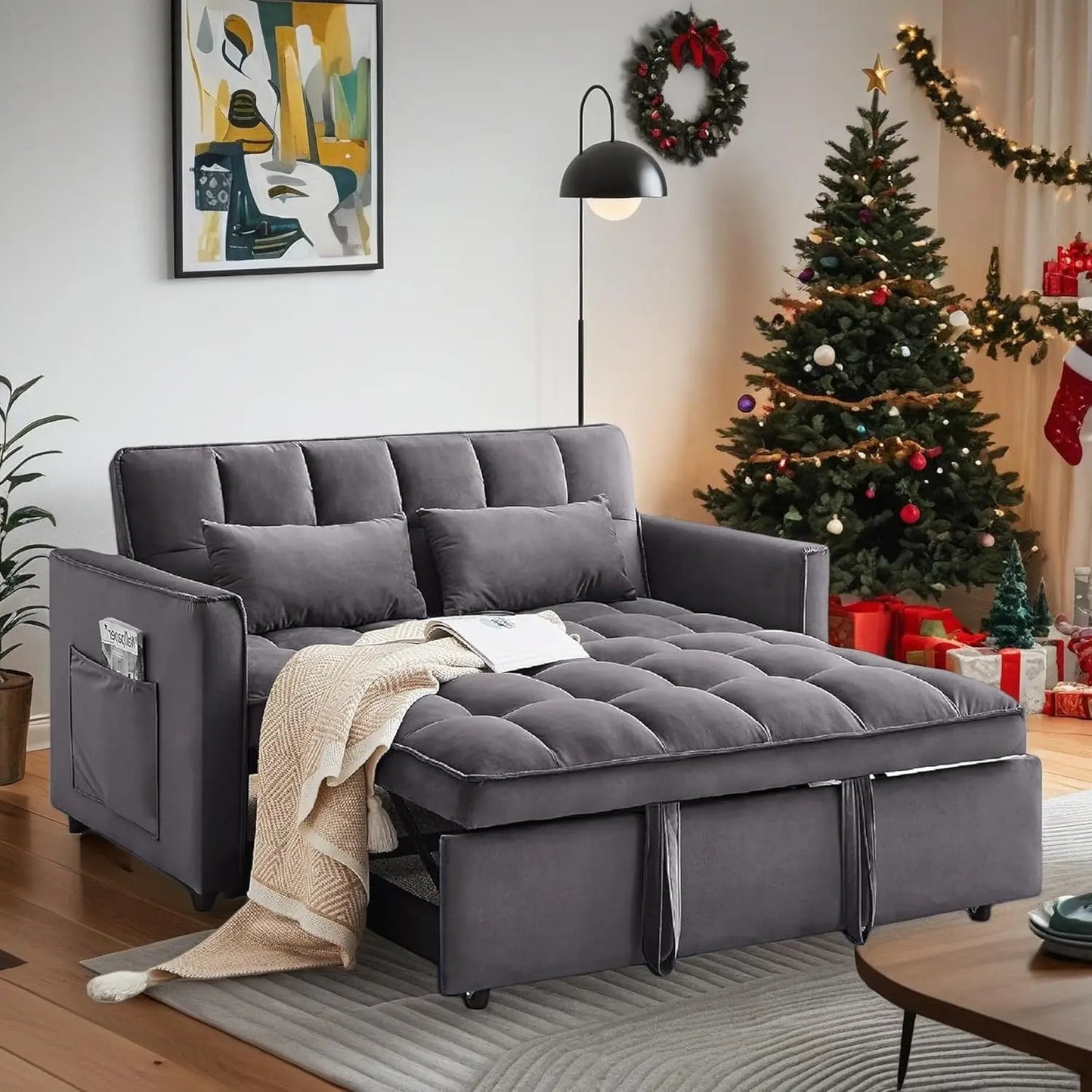 Convertible Sleeper Sofa Bed, 54'' Loveseat with Adjustable Backrest, Velvet Fabric,