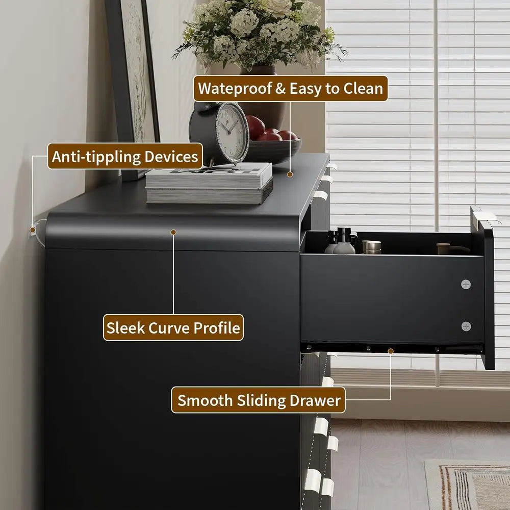 10-Drawer Wide Chest with Metal Handle for Bedroom in Black
